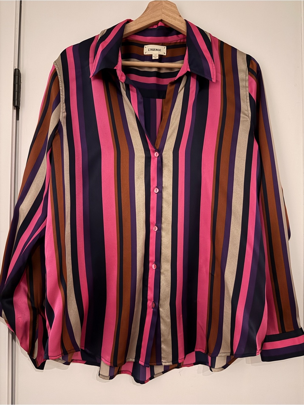 L'AGENCE Navy & Pink Multi-Stripe Silk Button-Down Shirt